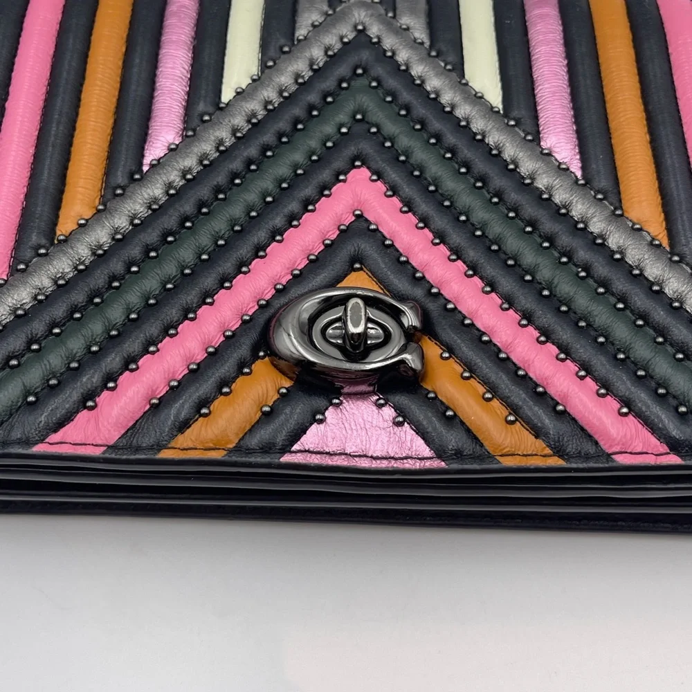 Coach foldover chain Clutch leather colorblock quilting rivets crossbody bag - Picture 8 of 15